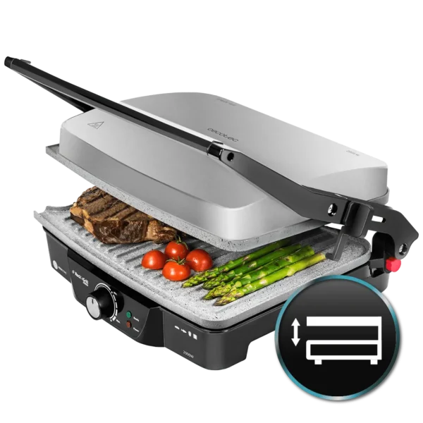 Parrilla eléctrica Cecotec Rock'nGrill 2000 con acabado en acero inoxidable y apertura de 180 grados