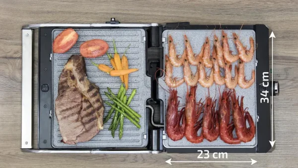 Imagen 4 Parrilla eléctrica Rock'nGrill Pro de 2000 W con revestimiento RockStone. Placas extraíbles, reversibles y apertura de 180º para un cocinado uniforme.