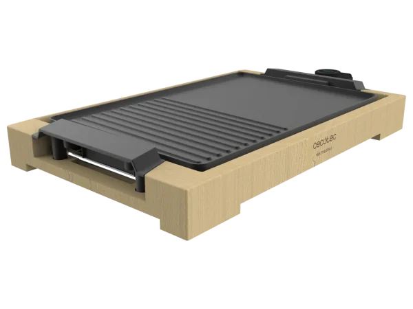 Plancha de asar eléctrica Tasty&Grill 2000 Bamboo Black con estructura de bambú oscuro y superficie grill con revestimiento RockStone