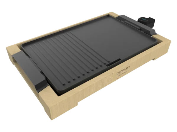 Imagen 3 Plancha de asar eléctrica de 2000 W con estructura de bambú y revestimiento RockStone antiadherente. Termostato regulable y superficie grill fácil de limpiar.