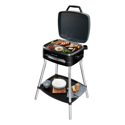 Barbacoa eléctrica Cecotec PerfectCountry BBQ de 2000W con patas, tapa abatible, revestimiento RockStone y bandeja inferior