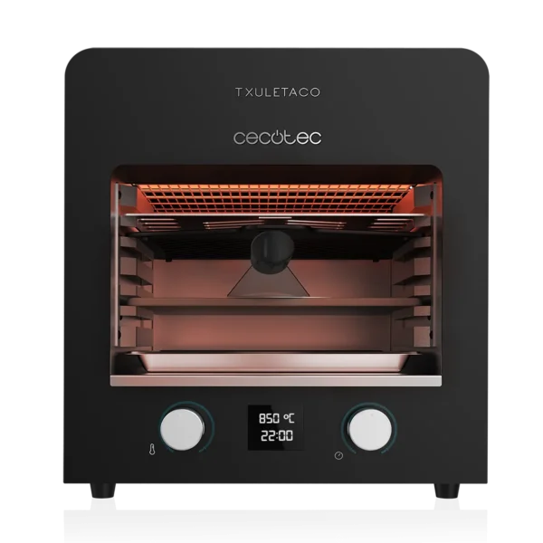 Vista frontal del horno asador Txuletaco 8000 Inferno de Cecotec mostrando su interior incandescente y accesorios
