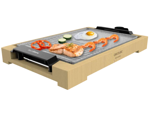 Imagen 2 Plancha de asar de 2000 W con estructura de bambú, superficie mixta grill y plancha, revestimiento RockStone antiadherente y termostato regulable.