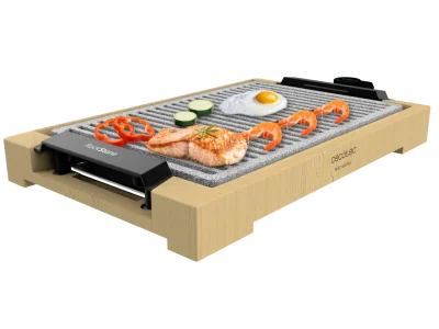 Plancha de asar eléctrica Tasty&Grill 2000 Bamboo LineStone con acabado en bambú y superficie de cocina grill antiadherente
