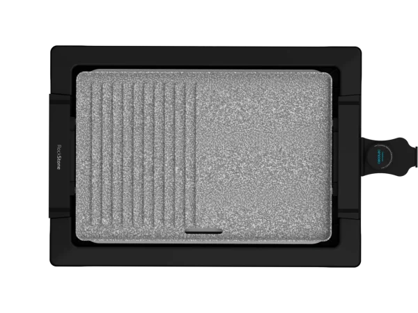 Imagen 3 Plancha eléctrica de 2000 W con acabados inox y superficie mixta. Revestimiento RockStone antiadherente y termostato regulable para una cocina precisa.