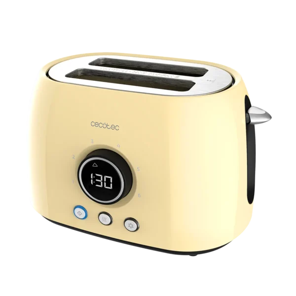 Imagen 2 Tostadora digital retro amarilla de 800 W con 2 ranuras extraanchas. Cuenta con pantalla LCD, cuenta atrás, 3 funciones y soporte superior para panecillos.
