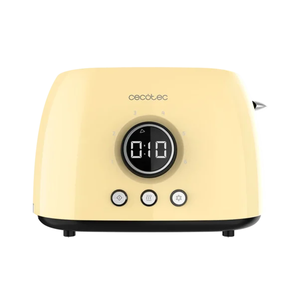 Imagen 3 Tostadora digital retro amarilla de 800 W con 2 ranuras extraanchas. Cuenta con pantalla LCD, cuenta atrás, 3 funciones y soporte superior para panecillos.