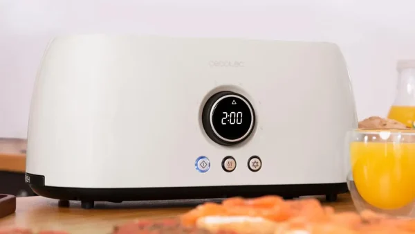 Imagen 4 Tostadora digital beige de 1500 W con 2 ranuras largas extraanchas para 4 tostadas. Incluye soporte para panecillos, 3 funciones, luz LED y control de tiempo.