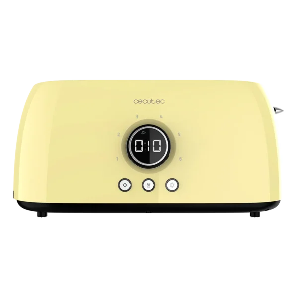 Imagen 3 Tostadora digital amarilla de 1500 W con 2 ranuras largas para 4 tostadas. Diseño retro, pantalla con cuenta atrás y varillas calientabollos. 3 funciones.