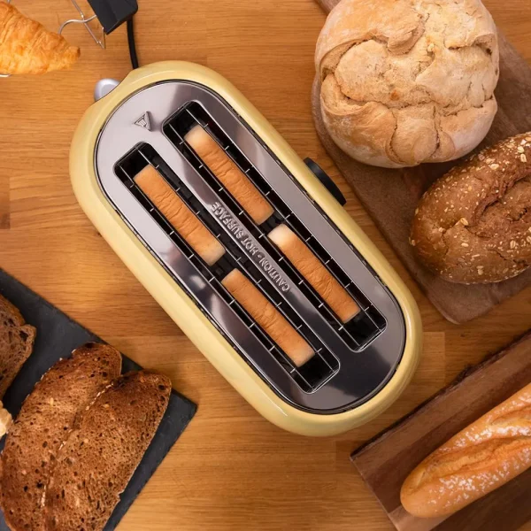 Imagen 7 Tostadora digital amarilla de 1500 W con 2 ranuras largas para 4 tostadas. Diseño retro, pantalla con cuenta atrás y varillas calientabollos. 3 funciones.