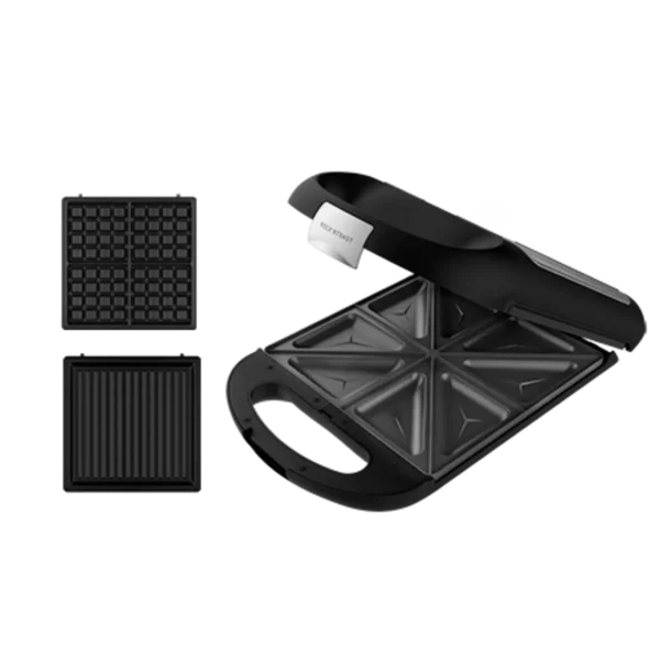 Imagen 3 Sandwichera 3 en 1 de 1500 W con capacidad para 4 sándwiches. Placas intercambiables RockStone para gofres y grill. Cocinado uniforme y limpieza sencilla.
