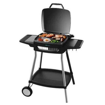 Barbacoa eléctrica CECOTEC PerfectCountry 2000 EasyMove de 2000 W en color negro con tapa abatible, patas de acero y ruedas