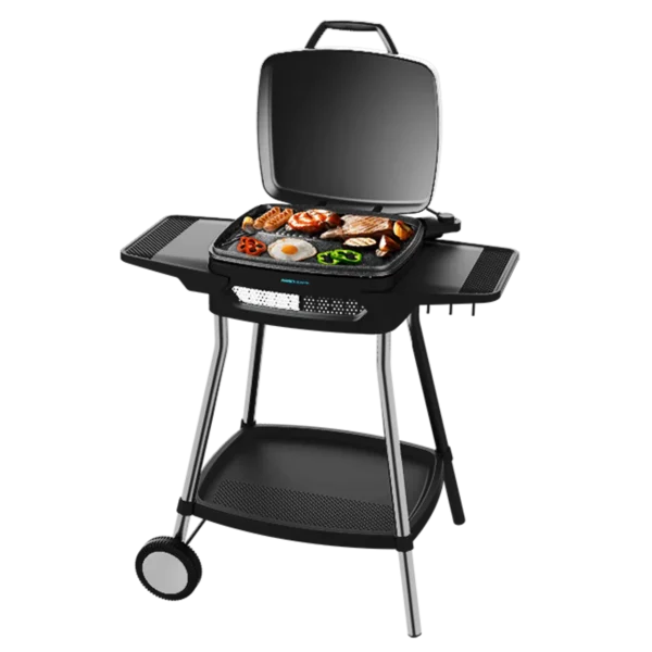 Barbacoa eléctrica CECOTEC PerfectCountry 2000 EasyMove de 2000 W en color negro con tapa abatible, patas de acero y ruedas