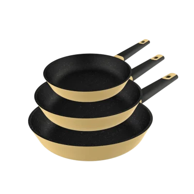 Set de tres sartenes amarillas Cecotec Polka Experience Vulcano de 18, 22 y 26 cm fabricadas en aluminio fundido