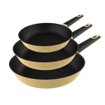 Set de tres sartenes amarillas Polka Experience Vulcano de 20, 24 y 28 cm fabricadas en aluminio fundido con mango ergonómico