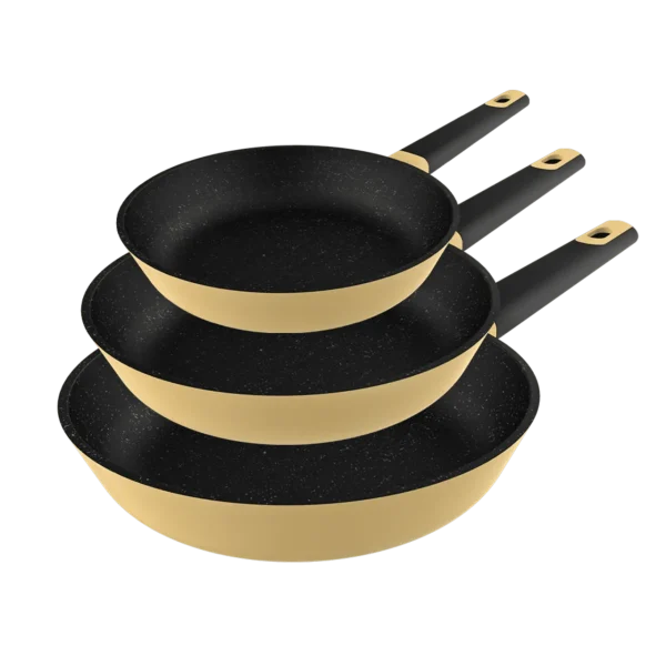 Set de tres sartenes amarillas Polka Experience Vulcano de 20, 24 y 28 cm fabricadas en aluminio fundido con mango ergonómico