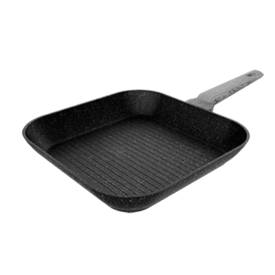 Vista superior del Grill Polka Exclusive 28 Grill Wood&Rock con superficie estriada y mango acabado madera