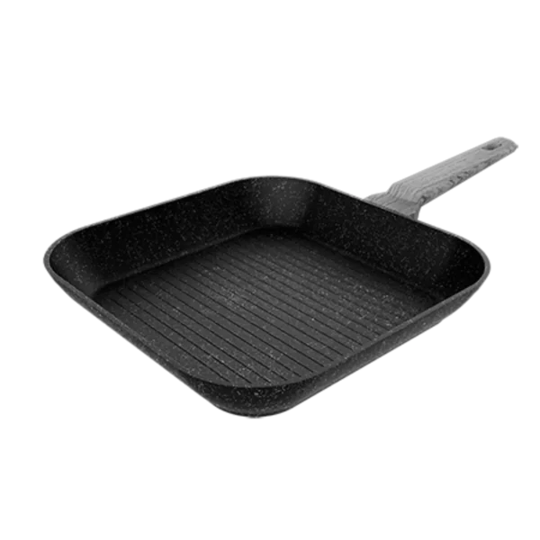 Vista superior del Grill Polka Exclusive 28 Grill Wood&Rock con superficie estriada y mango acabado madera