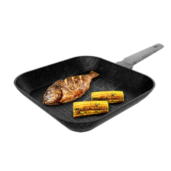 Imagen 2 Grill de 28 cm Polka Exclusive Wood&Rock. Aluminio forjado, antiadherente Teflon Select y mango baquelita tacto frío. Apto para inducción y lavavajillas.