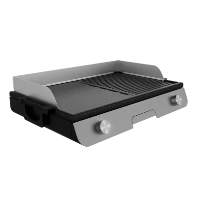 Barbacoa eléctrica de sobremesa CECOTEC PerfectRoast 3000 Inox vista frontal con placa mixta de parrilla y plancha