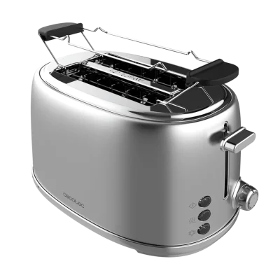 Tostadora Cecotec Toast&Taste 1000 Retro Double Inox diseño vintage plateado con dos ranuras anchas y pan tostado