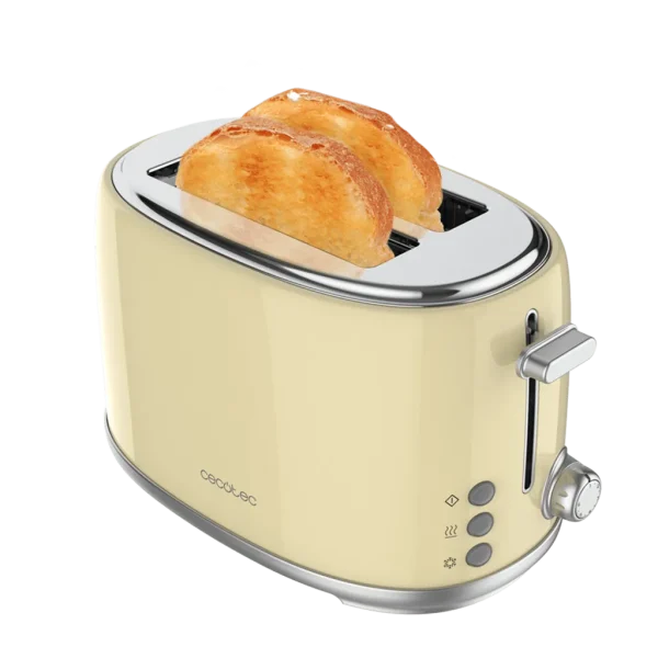 Imagen 2 Tostadora retro beige de acero inoxidable con 980 W. Cuenta con 2 ranuras anchas, soporte para panecillos y 6 niveles de tostado para un desayuno perfecto.