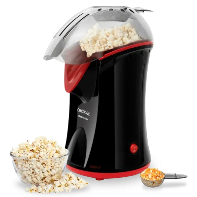 Palomitero eléctrico Cecotec Fun&Taste P'Corn rojo preparando palomitas por aire caliente con cuchara dosificadora