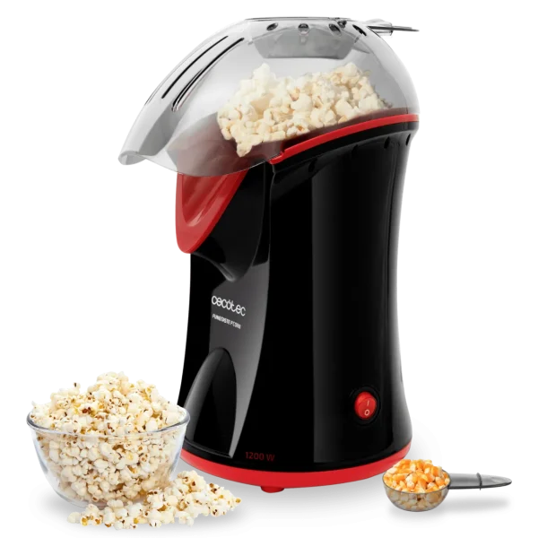 Palomitero eléctrico Cecotec Fun&Taste P'Corn rojo preparando palomitas por aire caliente con cuchara dosificadora