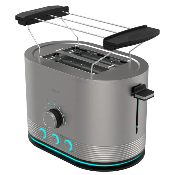 Imagen 2 Tostadora de doble ranura con 850 W y acabado en acero inoxidable. Cuenta con ranuras extraanchas de 3,8 cm, varillas superiores y sistema de autocentrado.