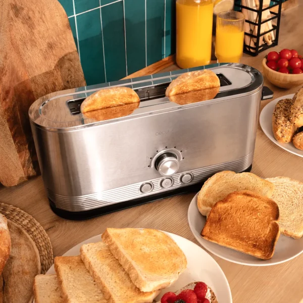 Imagen 6 Tostadora de acero inoxidable de 1050 W con 2 ranuras anchas de 3,8 cm. Incluye soporte para panecillos, anillo luminoso y sistema de autocentrado.