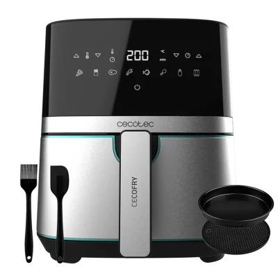 Freidora de aire Cecotec Cecofry Full Inox 5500 Pro de 5,5 L en acero inoxidable con accesorios y panel digital encendido