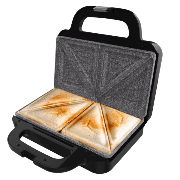 Sandwichera Cecotec Rock'nToast Deep Classic negra cerrada y vista frontal de las placas triangulares antiadherentes