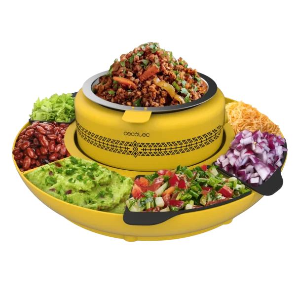 Máquina de tacos Cecotec Fun Taco ¡Ándale! abierta mostrando placas antiadherentes con tres compartimentos para tortillas