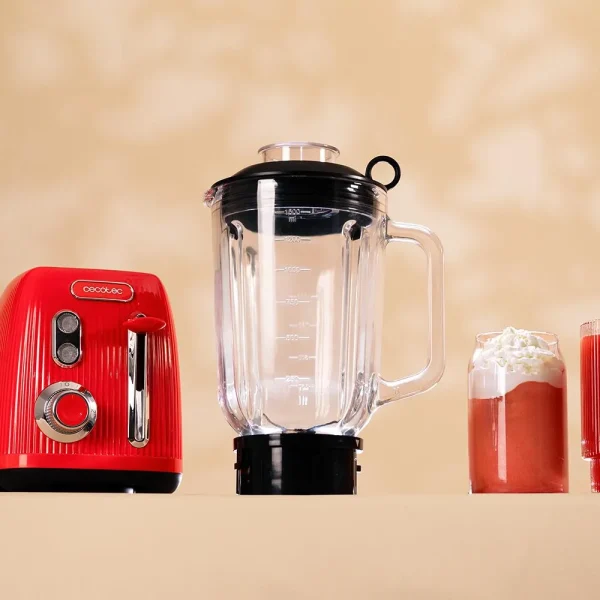 Imagen 8 Batidora de vaso Power Black Titanium RetroRed de 1200 W con cuchillas de titanio negro y jarra de cristal de 1,5 L para resultados profesionales.