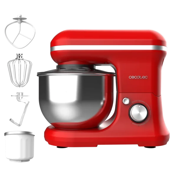 Imagen 2 Batidora amasadora Cecotec de 1200 W con bol de 5 L y función para helados. Diseño elegante en color rojo con 5 funciones ideales para repostería avanzada.