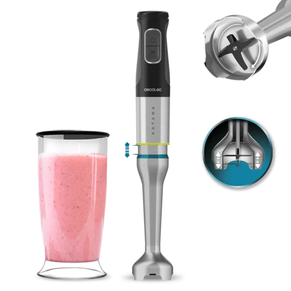 Batidora de mano Cecotec Katana 12 Jar G de 1200 W con pie XL de acero inoxidable y tecnología Perreo Move.
