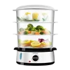 Vaporera eléctrica Cecotec Vapovita 3000 Inox con tres niveles de recipientes transparentes y base de acero inoxidable cocinando alimentos al vapor