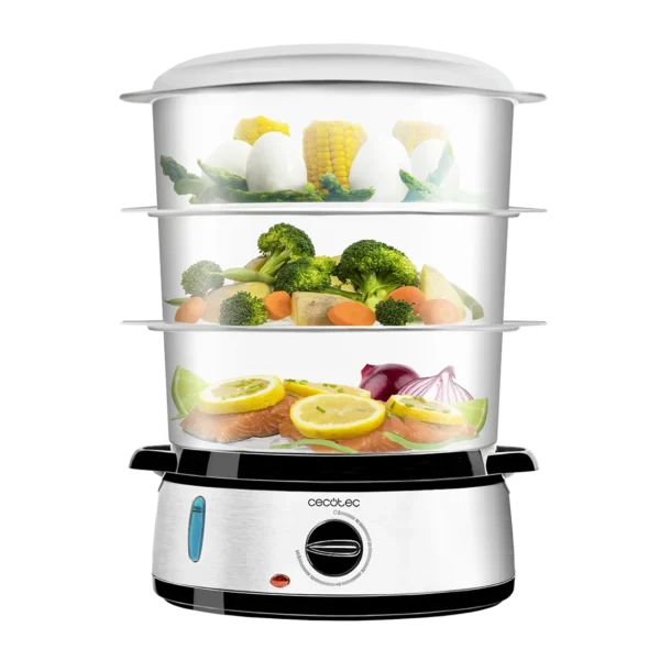 Vaporera eléctrica Cecotec Vapovita 3000 Inox con tres niveles de recipientes transparentes y base de acero inoxidable cocinando alimentos al vapor