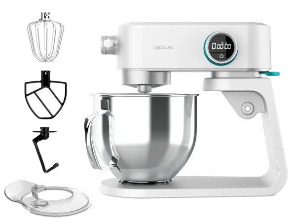 Imagen 2 Batidora amasadora Cecotec Twist&Fusion 4000 Luxury White con motor DC de 800W, cuerpo de aluminio fundido, 8 velocidades y bol de acero inoxidable de 5,2 L.