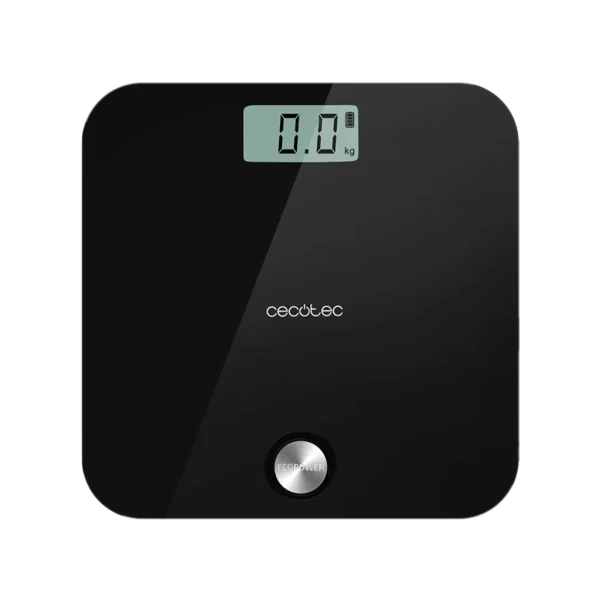 Vista superior de la báscula de baño Cecotec Surface Precision EcoPower 10000 Healthy Black en vidrio templado negro