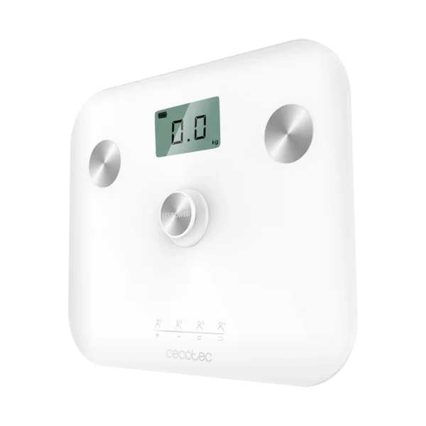 Imagen 2 Báscula de baño EcoPower sin pilas, con superficie de vidrio templado blanco, sensores de alta precisión y pantalla LCD para un control de peso exacto.