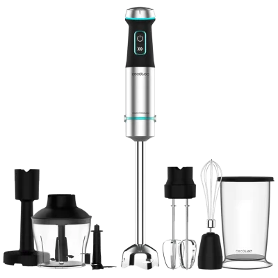 Batidora de mano Cecotec Power TitanBlack 1200 XL con accesorios de picadora, varillas y pasapurés sobre fondo blanco