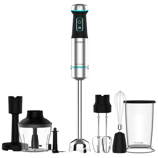 Batidora de mano Cecotec Power TitanBlack 1200 XL con accesorios de picadora, varillas y pasapurés sobre fondo blanco