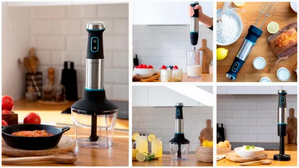 Imagen 7 Batidora de mano Cecotec de 1200 W con pie XL, cuchillas de 4 hojas y accesorios para picar, batir y elaborar purés con acabados profesionales y precisos.
