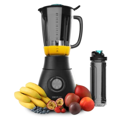 Batidora de vaso Power Black Titanium 1800 Go de acero inoxidable con jarra de vidrio y botella portátil