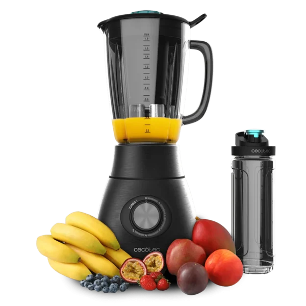 Batidora de vaso Power Black Titanium 1800 Go de acero inoxidable con jarra de vidrio y botella portátil