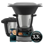 Robot de cocina Mambo Touch de Cecotec color negro con pantalla táctil encendida y jarra Habana con revestimiento cerámico