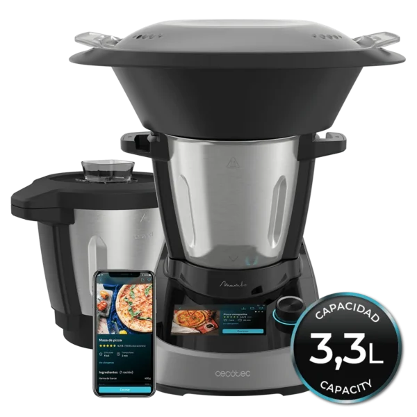 Robot de cocina Mambo Touch de Cecotec color negro con pantalla táctil encendida y jarra Habana con revestimiento cerámico