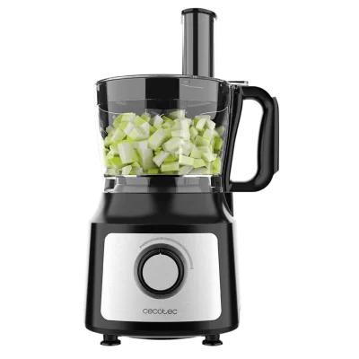 Vista frontal del procesador de alimentos Cecotec FoodProcessor Comino 1000 con cuerpo de acero inoxidable, bowl de 2 litros y accesorios de corte