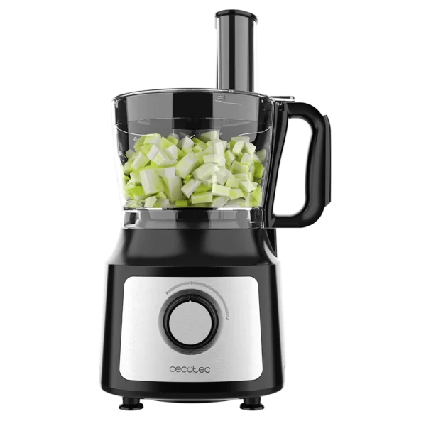 Vista frontal del procesador de alimentos Cecotec FoodProcessor Comino 1000 con cuerpo de acero inoxidable, bowl de 2 litros y accesorios de corte